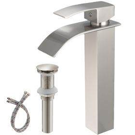 Waterfall Single Hole Single Handle Bathroom Vessel Sink Faucet With Pop-up Drain Assembly in Brushed Nickel